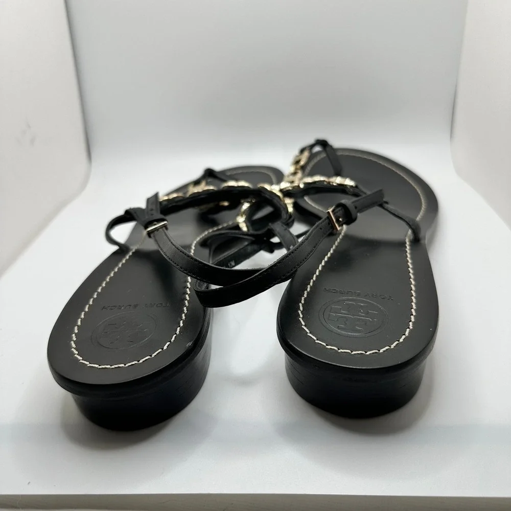 Tory‎ Burch Black Leather Gemini Chain Link Thong Sandals Gold Hardware Size 10M